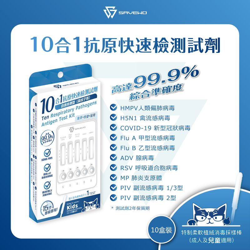 *5支裝* SAVEWO 十合一抗原快速檢測試劑 (新型冠狀病毒(Covid-19) / 人類偏肺病毒 / 肺炎支原體 / 合胞病毒 / 腺病毒 / 副流感1/3型 / 副流感2型 / 甲型流感 / ⼄型流感 / 禽流感)